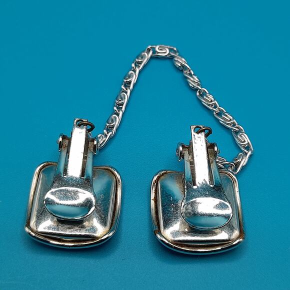 Vintage Iridescent Palm Scene Sweater Clips, 1950s Butterfly Wing Jewelry - Picture 6 of 10